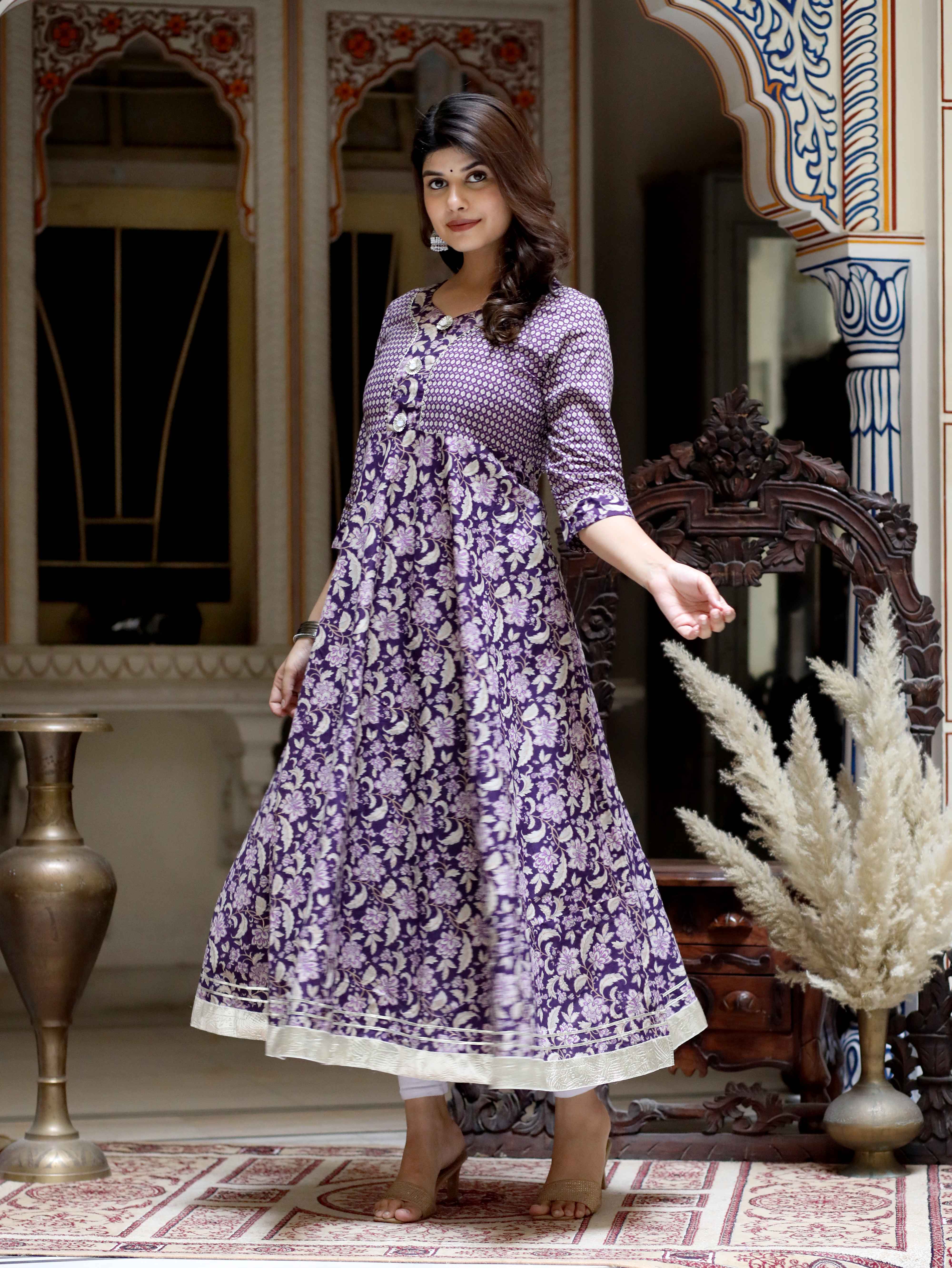 Purple Floral Cotton Anarkali Kurta with Gota Lace Detailing
